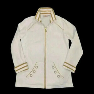 Quacker Factory Cardigan Sweater Sz 8 White Gold Trim Zip Front Rhinestones